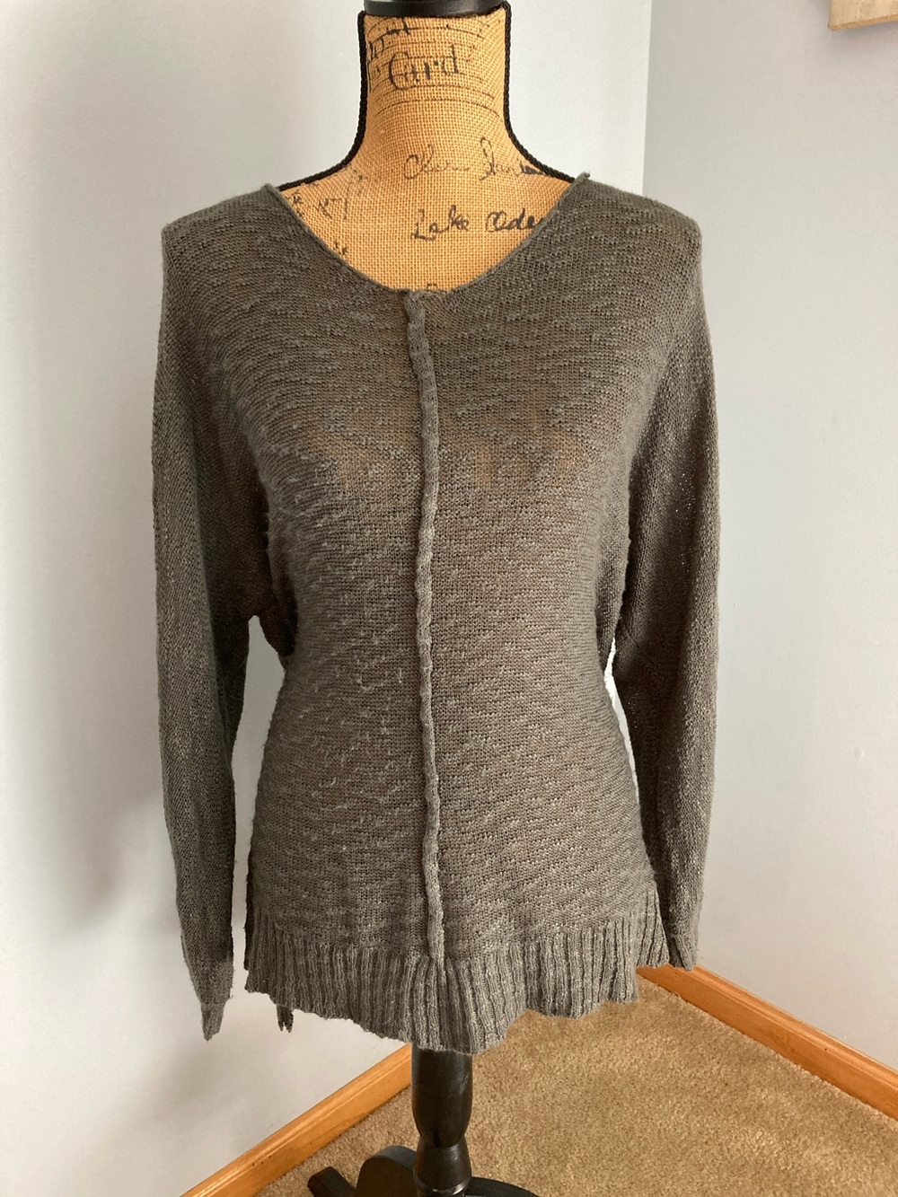 mittoshop Olive/Gray Lightweight Center-Trim Open Knit Sweater Women Size L